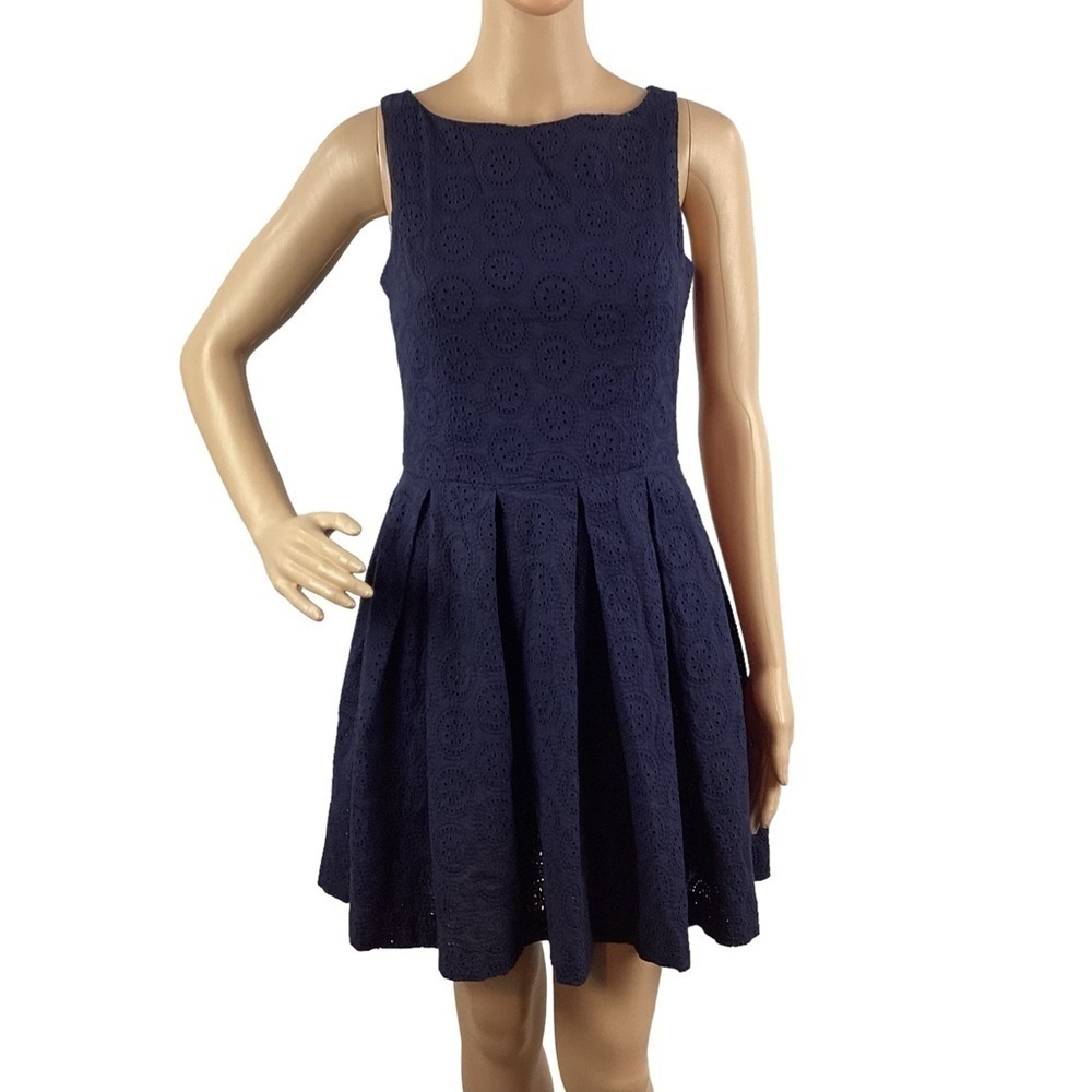 cupcakes and cashmere Navy Blue Eyelet Fit and Flare Dress Size 0